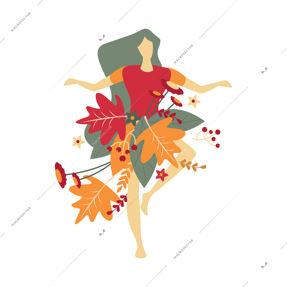 Dancing girl with long hair flowers and leaves decorations flat vector illustration