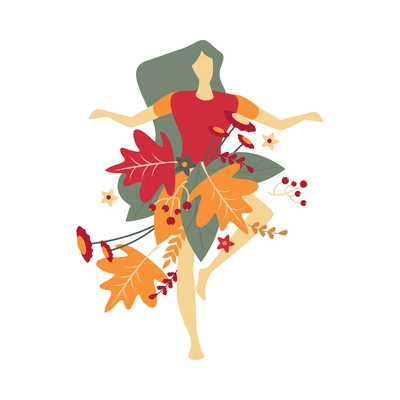 Dancing girl with long hair flowers and leaves decorations flat vector illustration