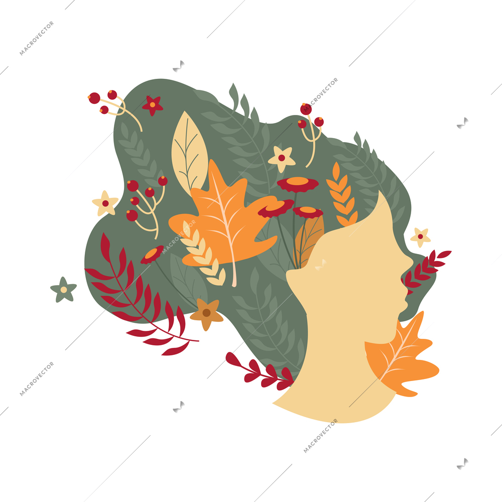 Faceless girl portrait with leaves flowers and twigs in hair flat vector illustration