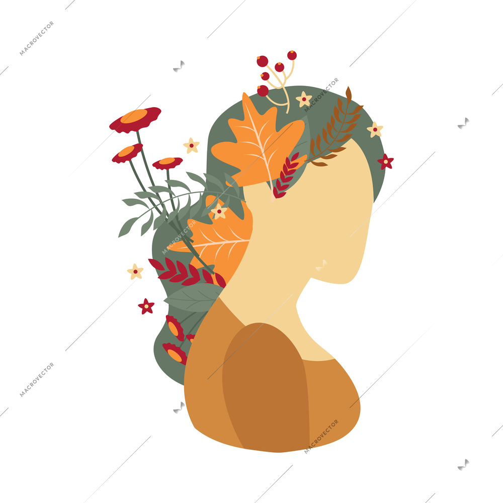 Flat faceless nature portrait of girl with flowers in hair vector illustration