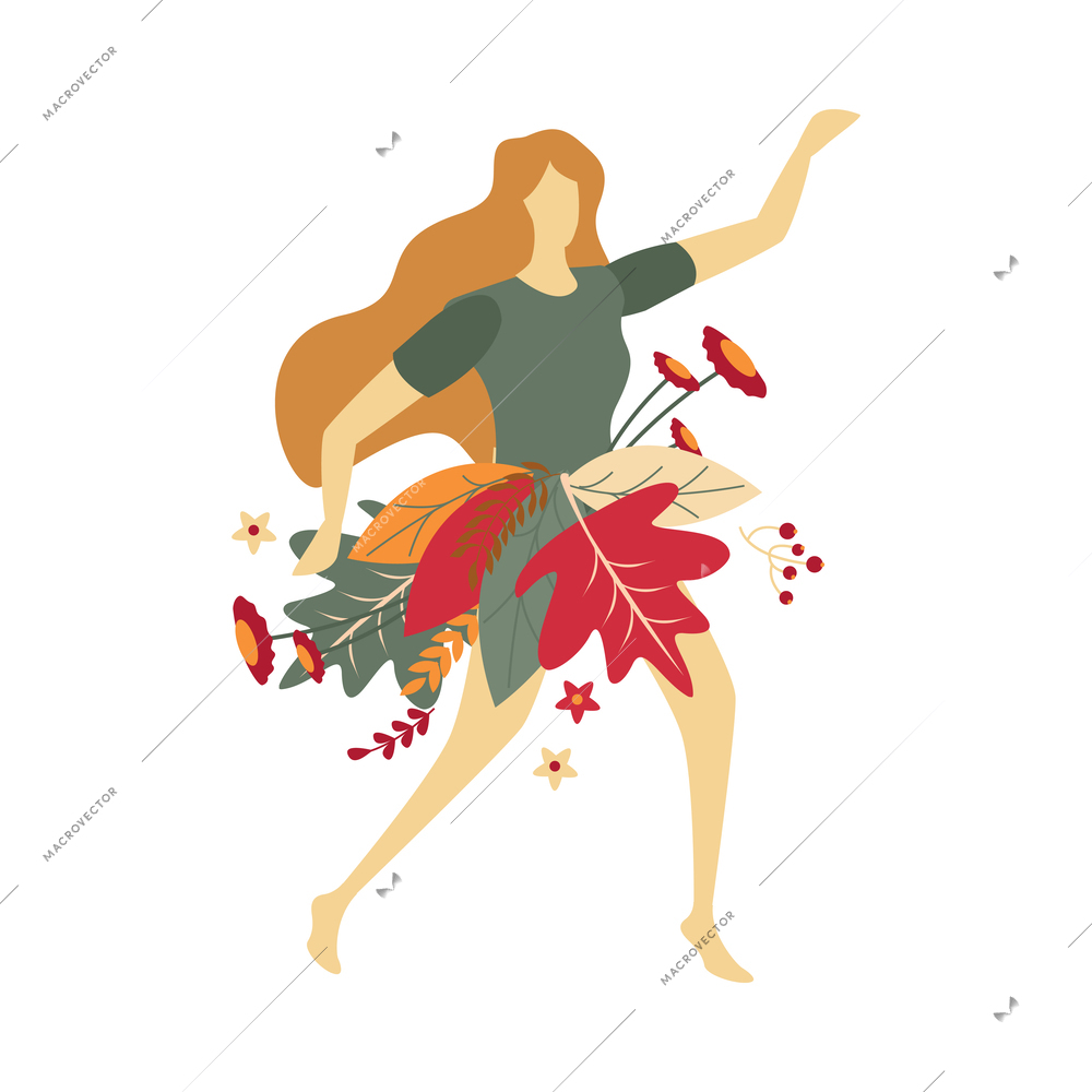Flat long haired girl wearing skirt from flowers and leaves vector illustration