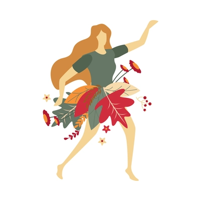 Flat long haired girl wearing skirt from flowers and leaves vector illustration