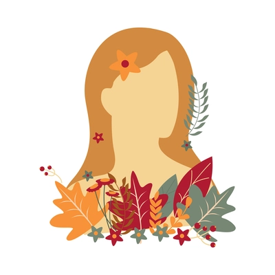 Blond girl portrait with flowers and colorful leaves flat vector illustration