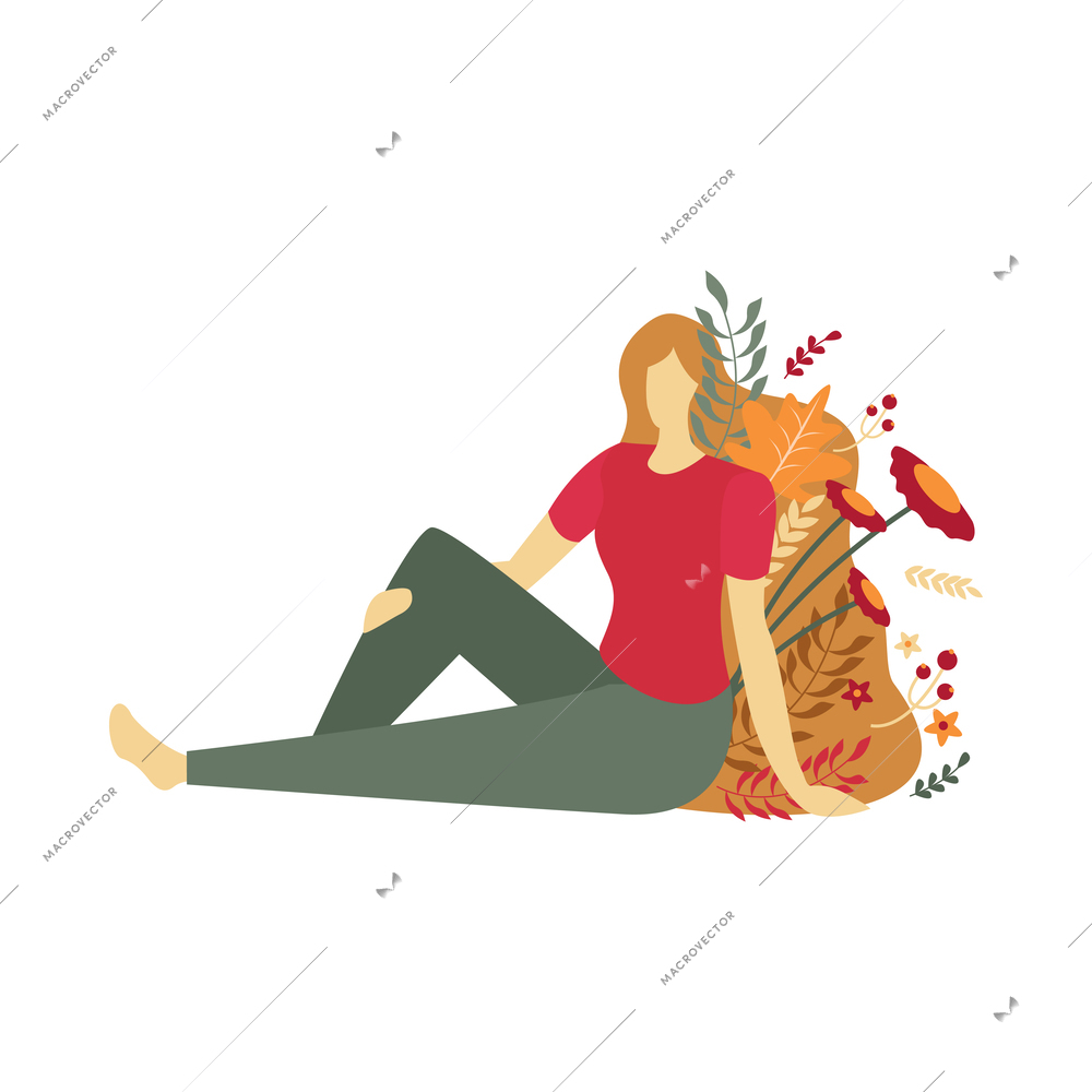 Flat sitting girl with flowers and leaves in long fair hair vector illustration