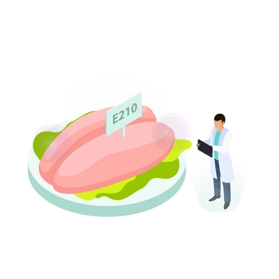 Isometric artificial food icon with laboratory worker and meat 3d vector illustration