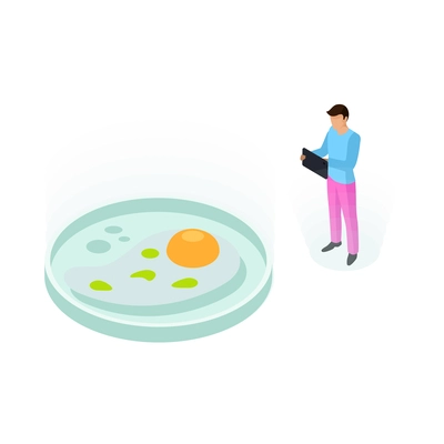 Isometric artificial food icon with egg and scientist 3d vector illustration