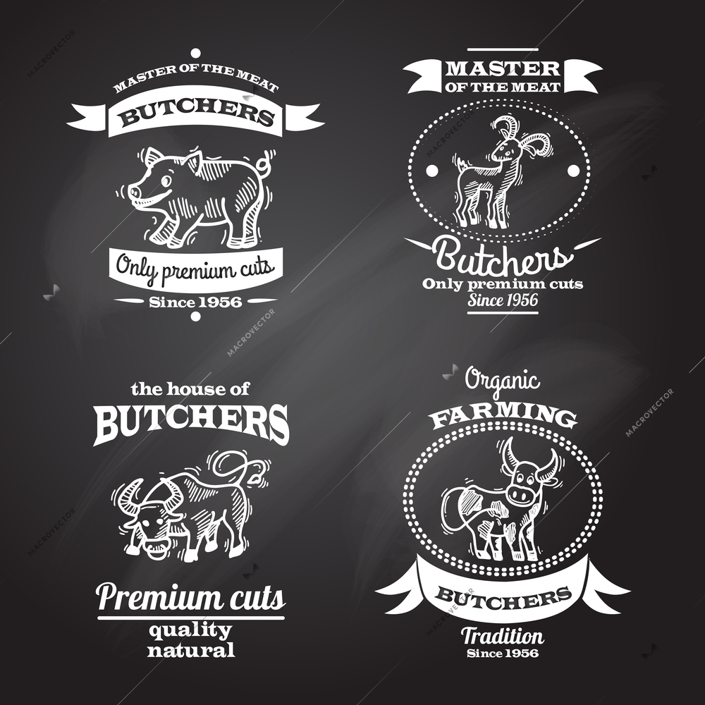 Farm animals premium organic meat chalkboard label set isolated vector illustration