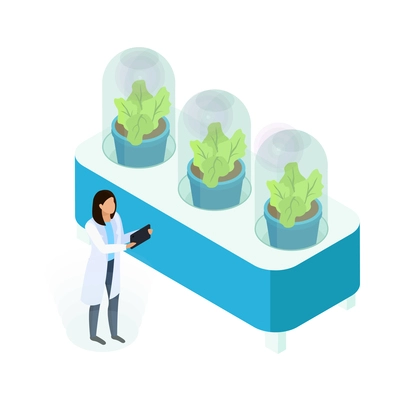 Isometric artificial food icon with female researcher and plants growing in laboratory 3d vector illustration