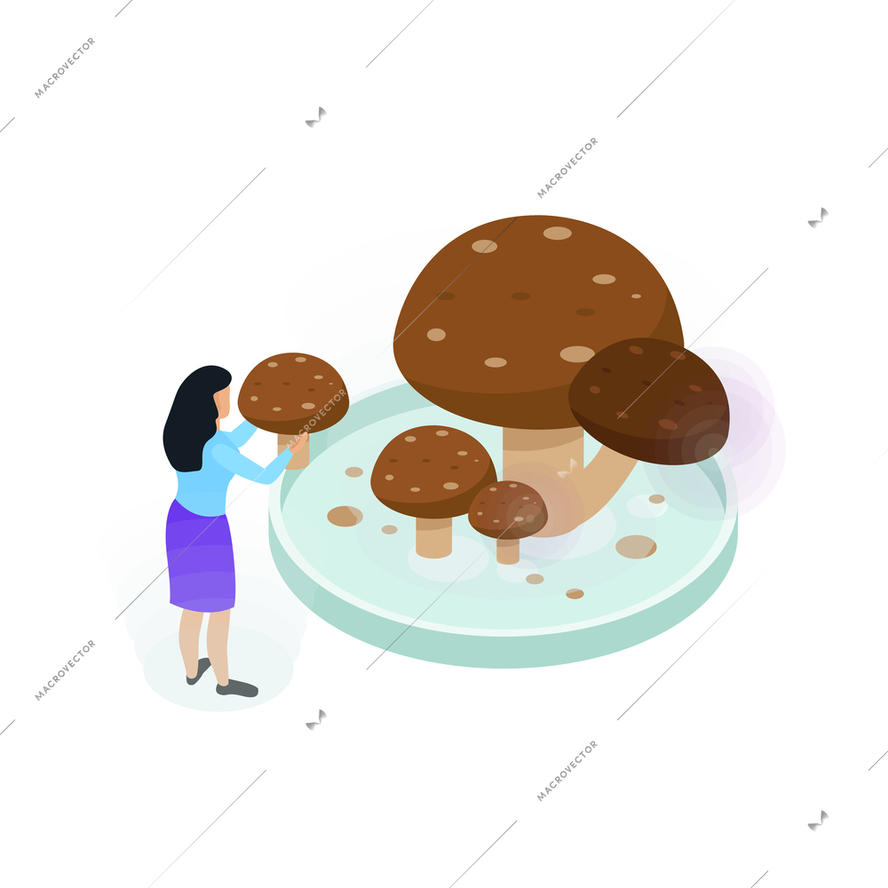 Isometric artificial food icon with mushroom and female character 3d vector illustration