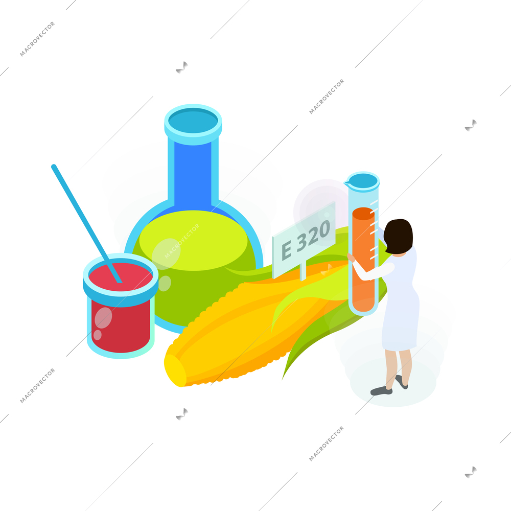 Isometric artificial food icon with corn flasks and laboratory worker 3d vector illustration