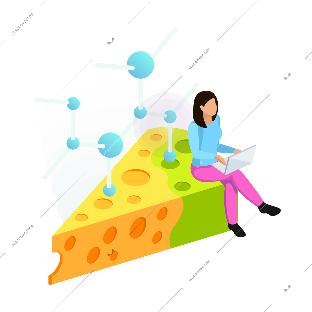 Isometric artificial food icon with female researcher and cheese 3d vector illustration