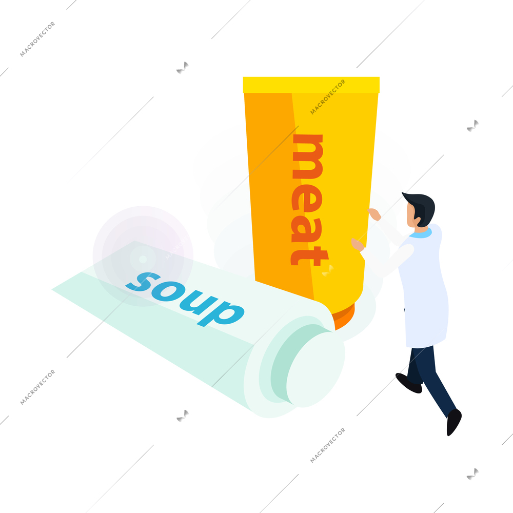 Artificial food in tubes isometric icon with laboratory worker 3d vector illustration