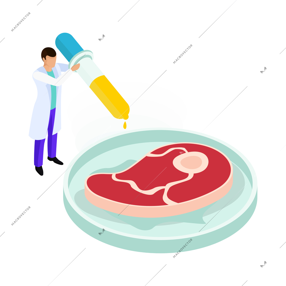 Isometric artificial food icon with steak and laboratory worker 3d vector illustration