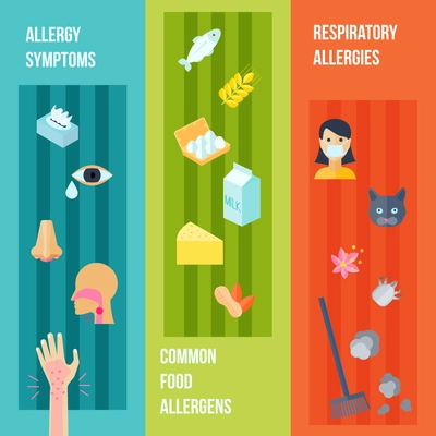 Allergy flat vertical banner set with respiratory symptoms food allergens elements isolated vector illustration