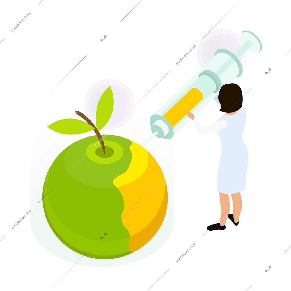 Isometric artificial food icon with green apple and scientist using syringe 3d vector illustration