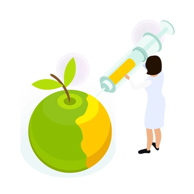 Isometric artificial food icon with green apple and scientist using syringe 3d vector illustration