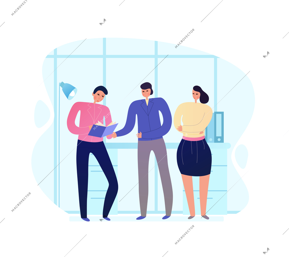 Business meeting at office flat composition with three colleagues looking through papers vector illustration