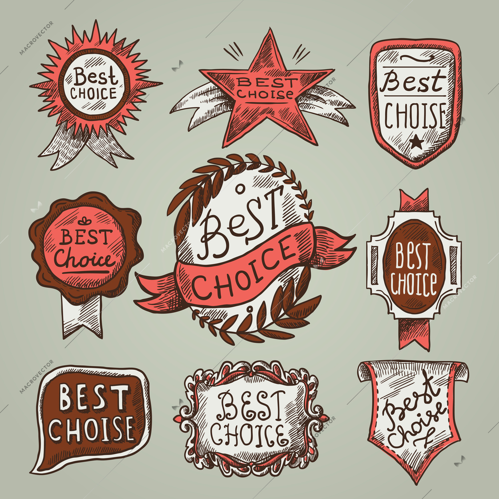 Best choice exclusive offer certificates colored sketch labels set vector illustration