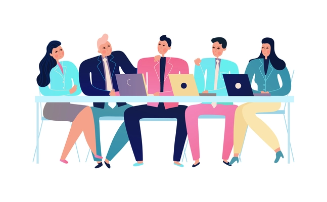 People having business meeting with laptops at office flat vector illustration