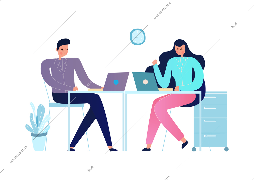 People at business meeting working on laptops at office flat vector illustration