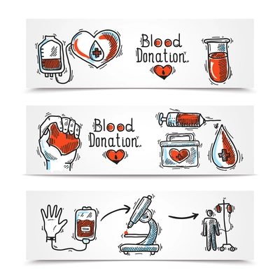 Donor organ and blood donation sketch horizontal banners set isolated vector illustration