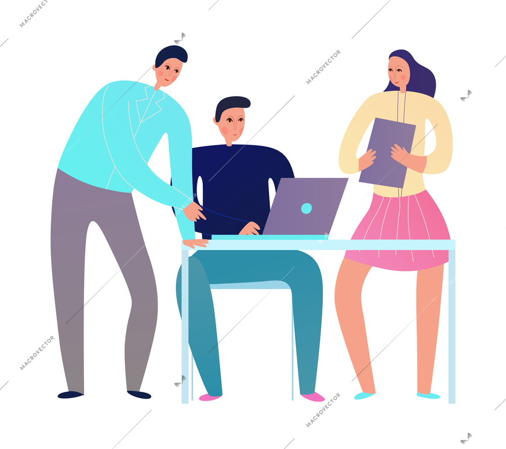 People at business meeting working together on laptop flat vector illustration