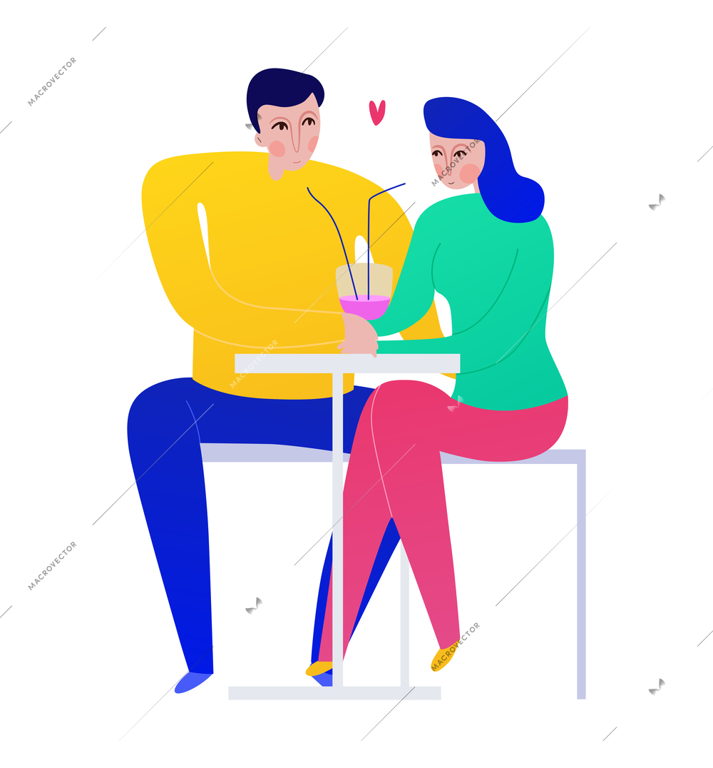 Couple having date at cafe drinking cocktail from one glass flat vector illustration