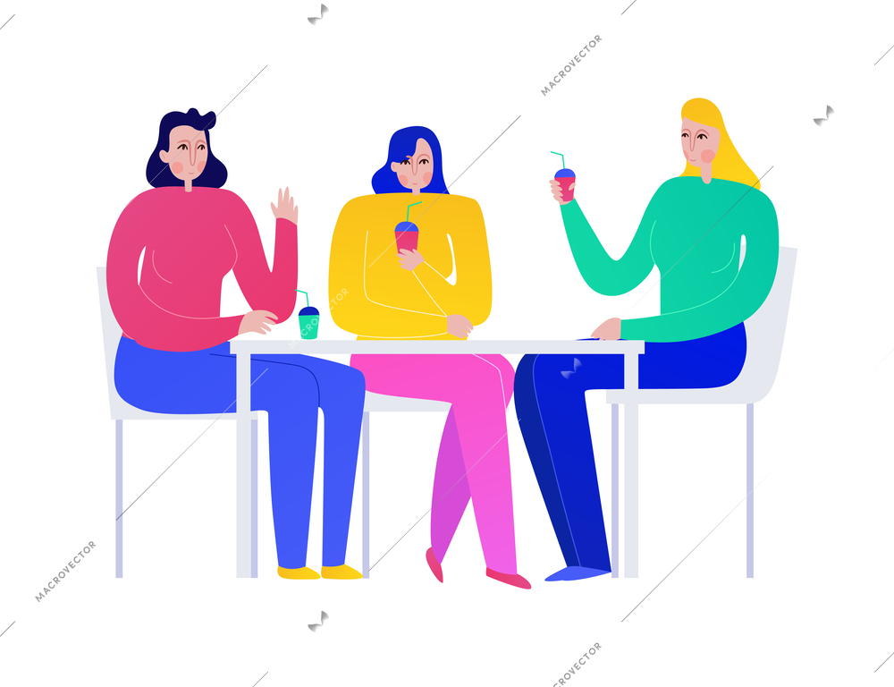 Girls drinking cocktails at cafe flat vector illustration