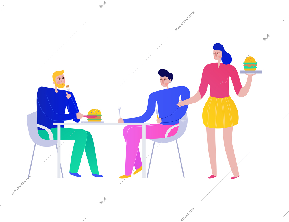 People eating out at bistro and waitress carrying burger on tray flat vector illustration