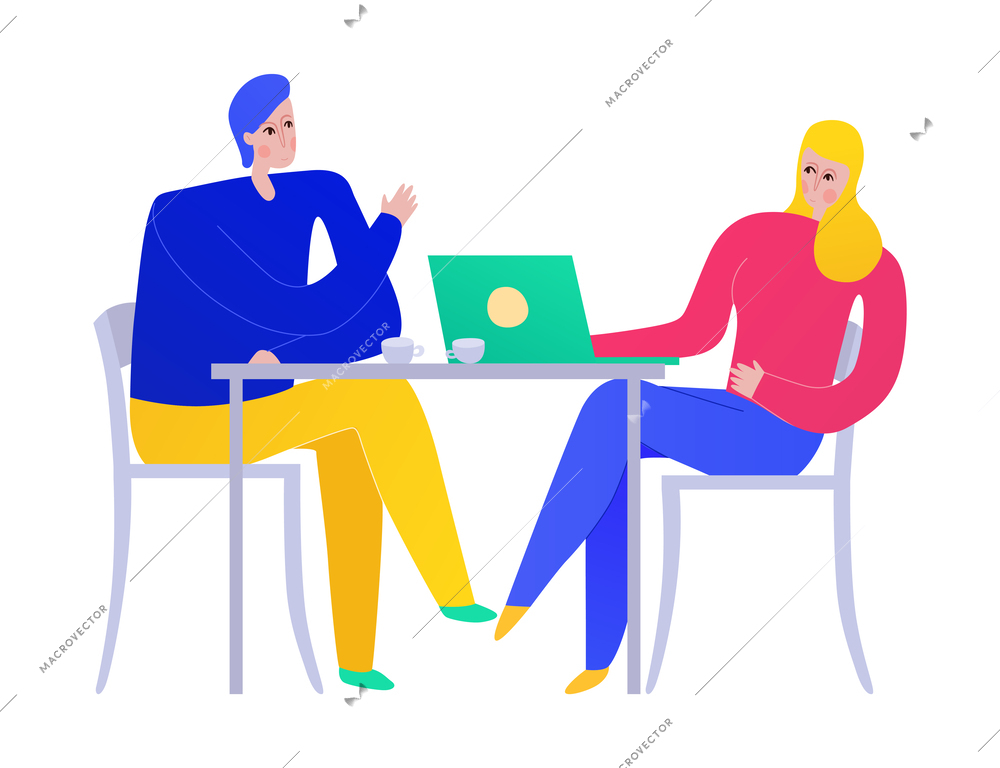 People drinking coffee and working on laptop at cafe flat vector illustration