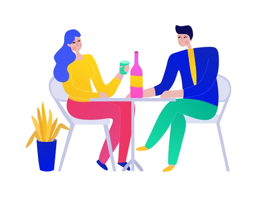 Man and woman drinking wine at cafe flat vector illustration