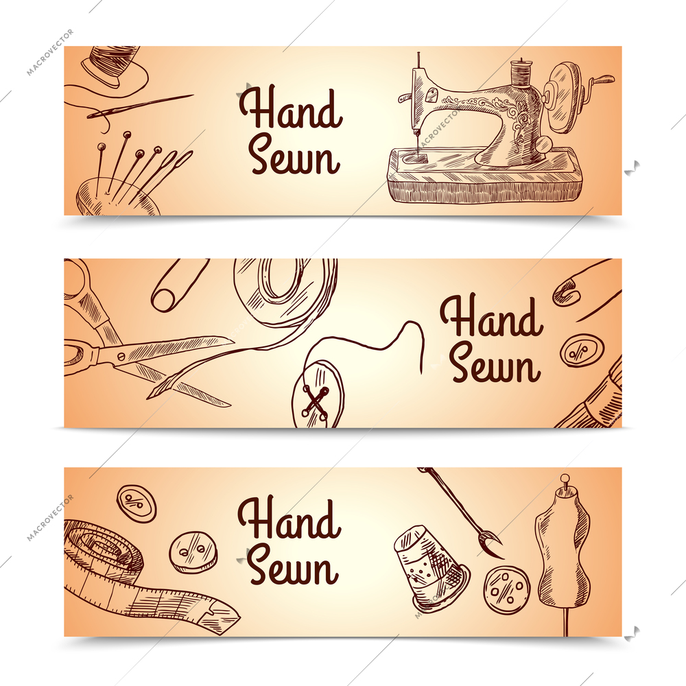 Sewing sketch horizontal banner set with dressmaking and clothes elements isolated vector illustration