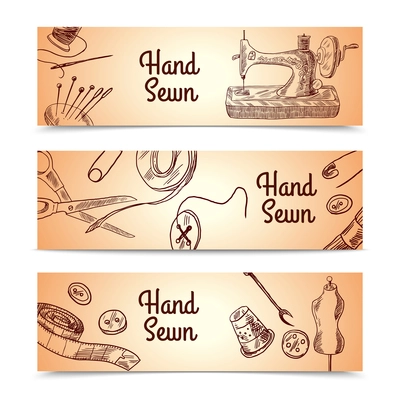 Sewing sketch horizontal banner set with dressmaking and clothes elements isolated vector illustration