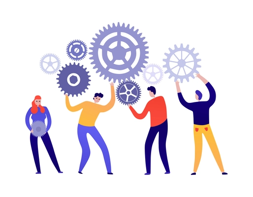 Teamwork flat concept with group of people and cogwheels vector illustration