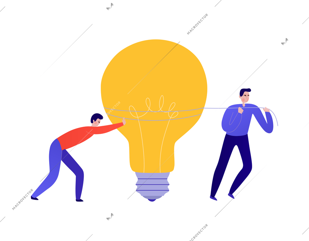 Teamwork idea flat concept with two people carrying light bulb vector illustration