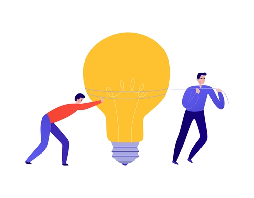 Teamwork idea flat concept with two people carrying light bulb vector illustration