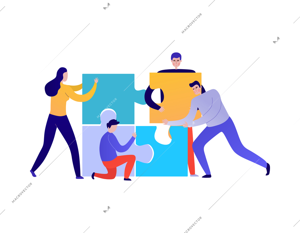 Flat teamwork concept with people doing puzzle together vector illustration