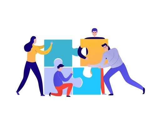 Flat teamwork concept with people doing puzzle together vector illustration