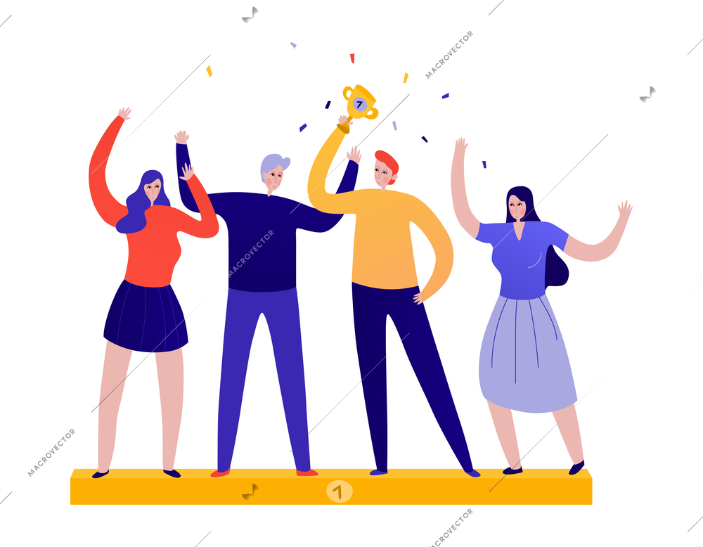 Teamwork achieving goal flat concept with happy people getting trophy vector illustration