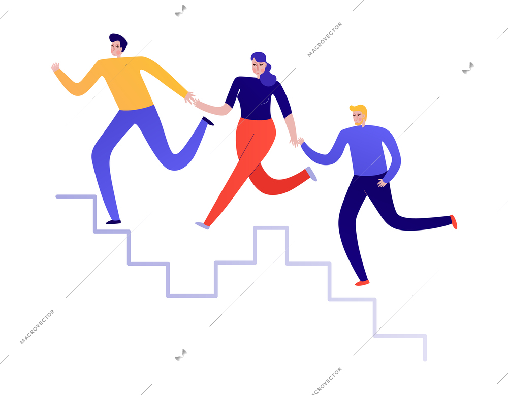 Teamwork flat concept with people running up stairs together holding hands vector illustration