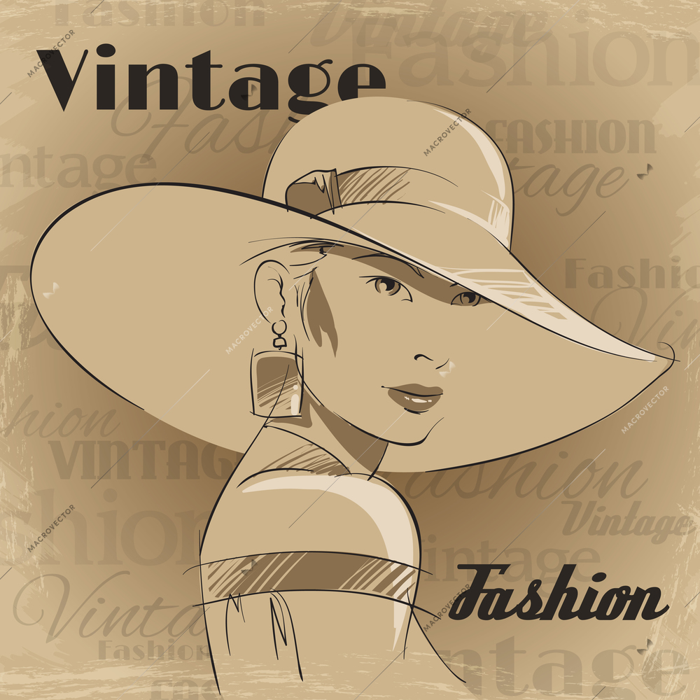 Retro poster of fashion young woman portrait with hat and earrings vector illustration