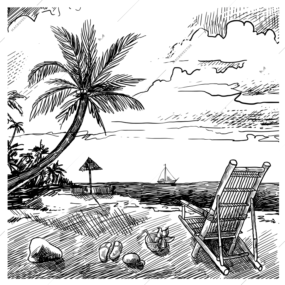 Summer beach sketch background with palm chair coconut and yacht vector illustration