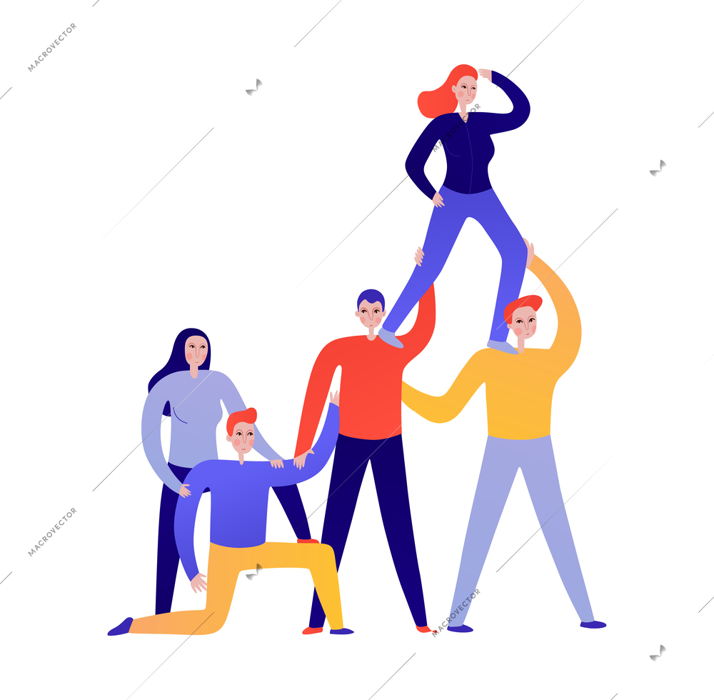Teamwork flat concept with group of colleagues achieving goals together supporting one another vector illustration