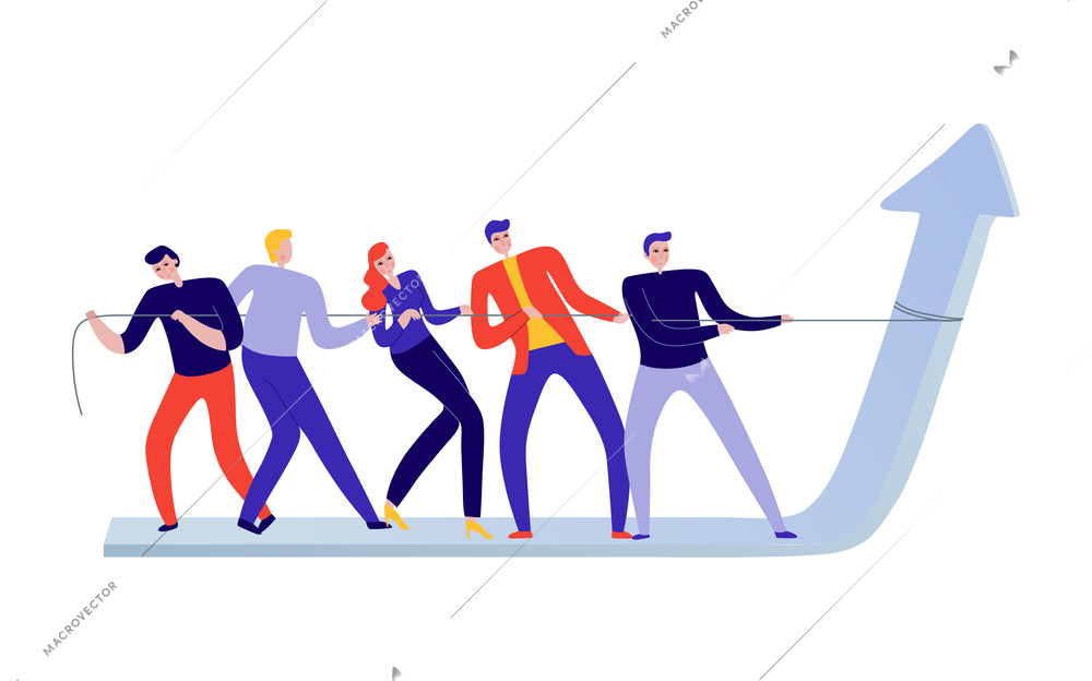 Teamwork flat concept with people hauling at rope together vector illustration