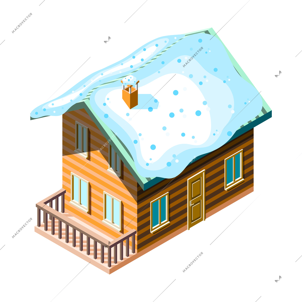 Winter landscaping icon with wooden house 3d vector illustration
