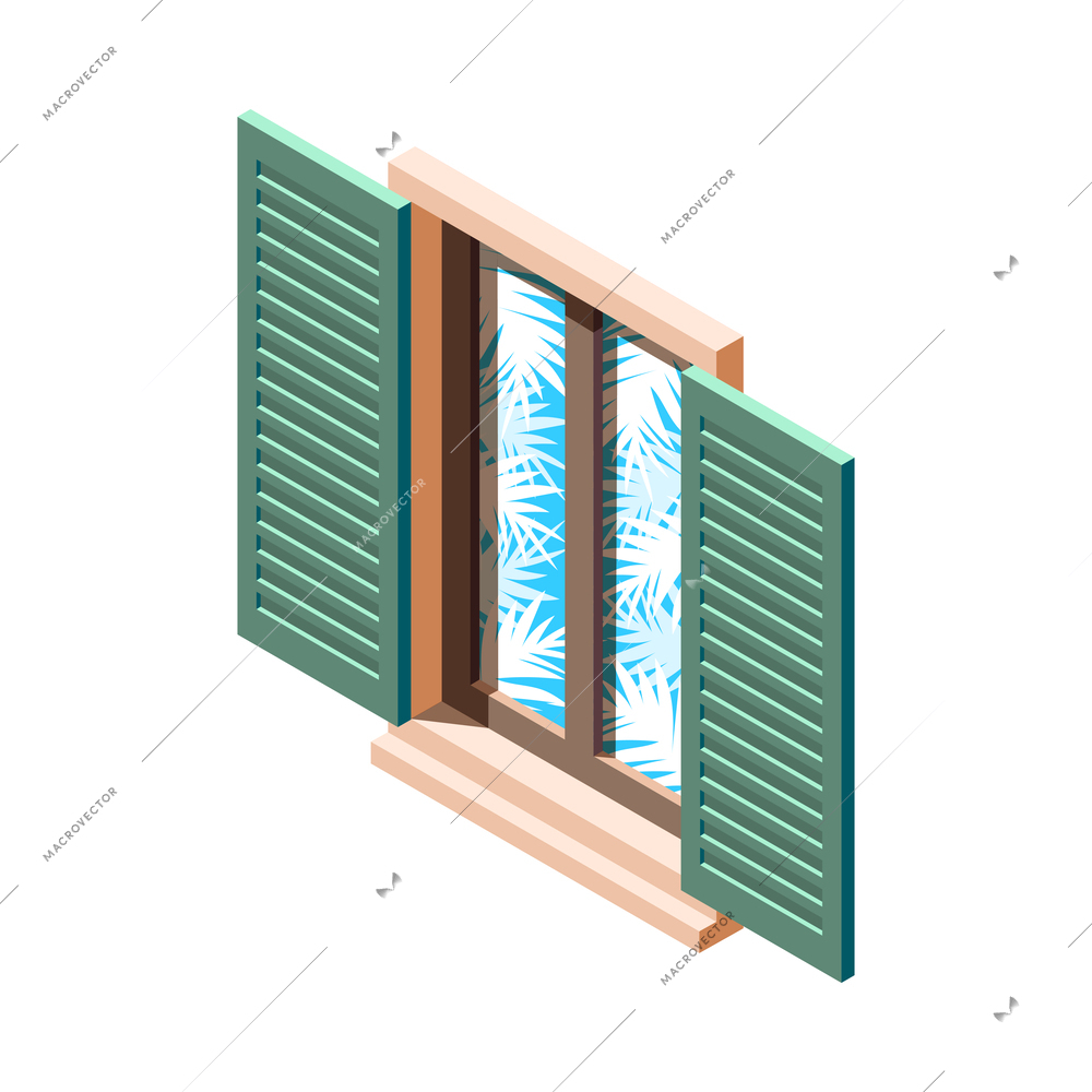 Winter landscaping isometric icon with frost pattern on window 3d vector illustration