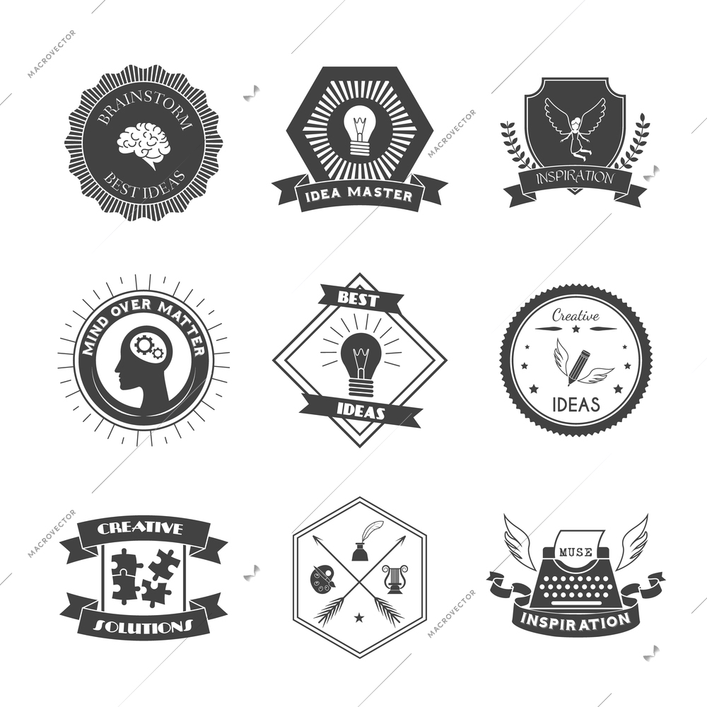 Muse brainstorm creative solution and inspiration label set isolated vector illustration