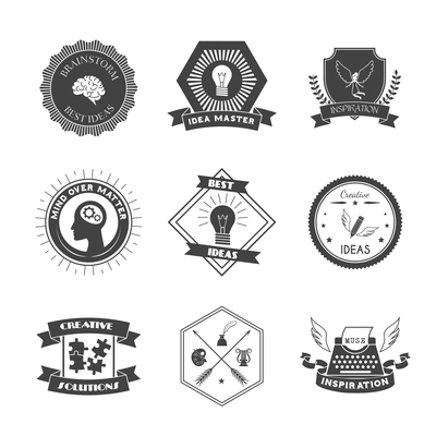 Muse brainstorm creative solution and inspiration label set isolated vector illustration