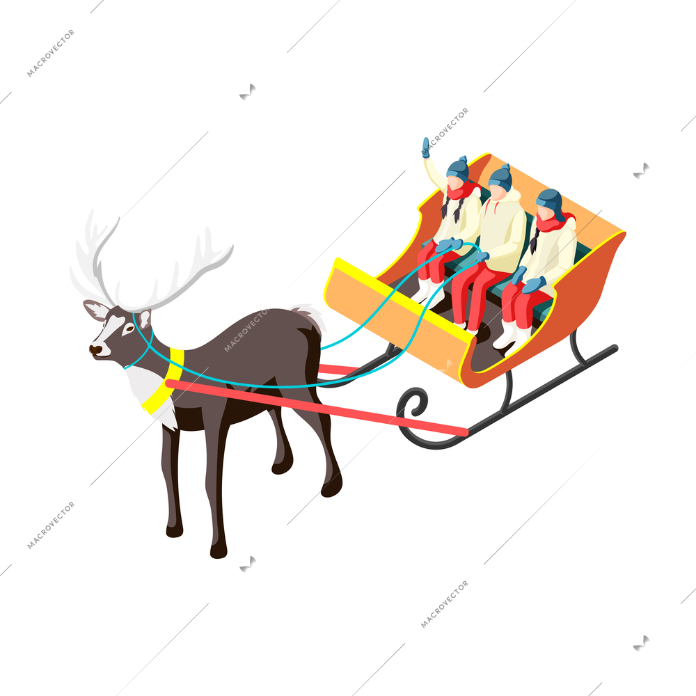 Winter holiday isometric icon with happy family reindeer sledding vector illustration