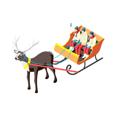 Winter holiday isometric icon with happy family reindeer sledding vector illustration